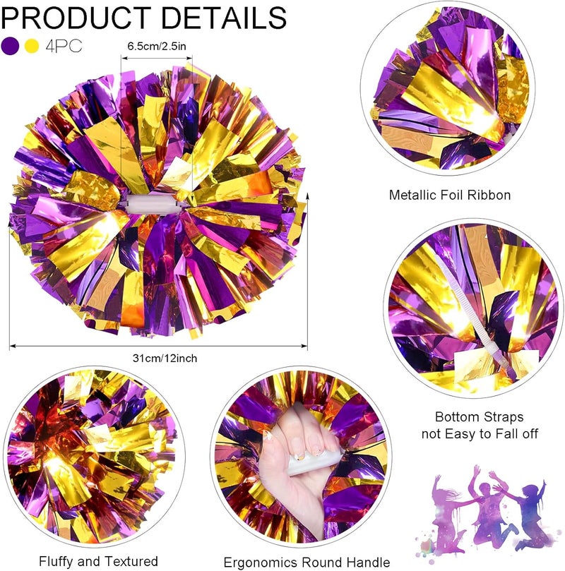 HOLENGS 4Pcs Upgraded 12inch Metallic Cheerleading Pom Poms, Cheerleader Pompoms Cheer Poms for Kids Adults, Cheering Squad Pompoms for School Sports Games Dance Party - Image 2